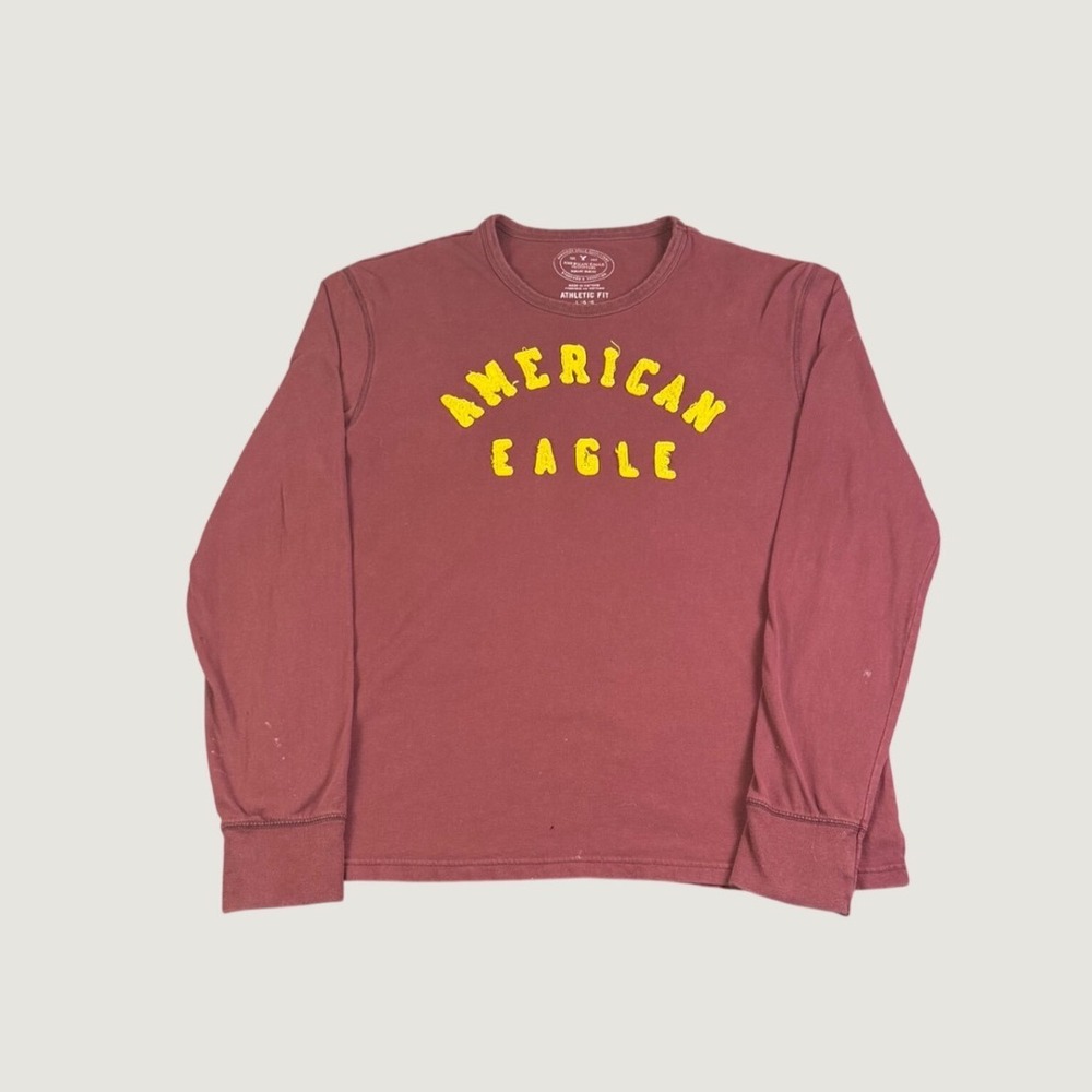 American Eagle Mens Athletic Fit Long Sleeve T-Shirt Burgundy Yellow Logo Large